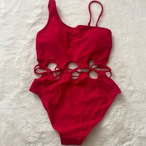 Fashion Nova Red 1 Piece Love Yourself Swimsuit
